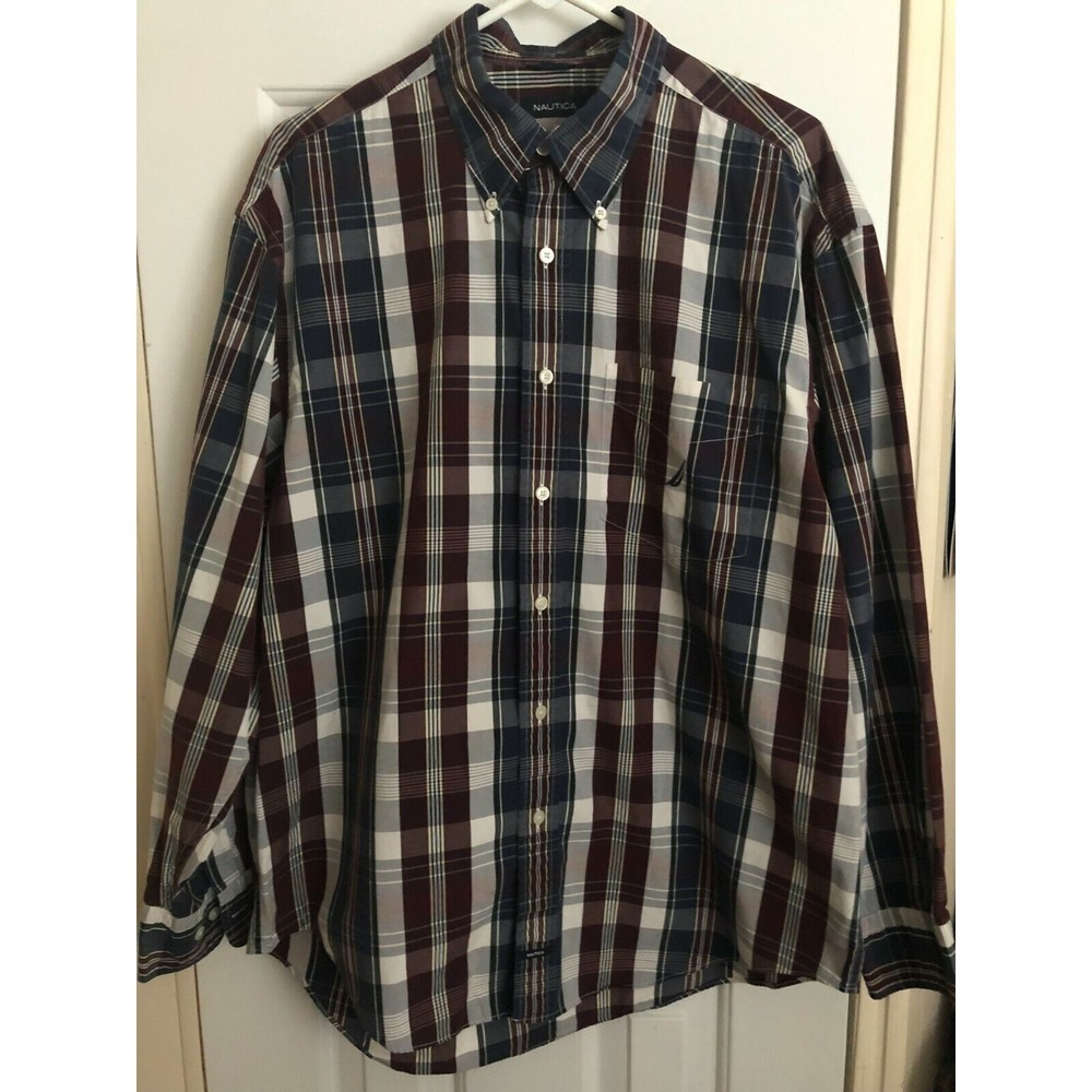 Men's Nautica 80's Two Ply Cotton Shirt Blue/Burgundy Plaid Sz L